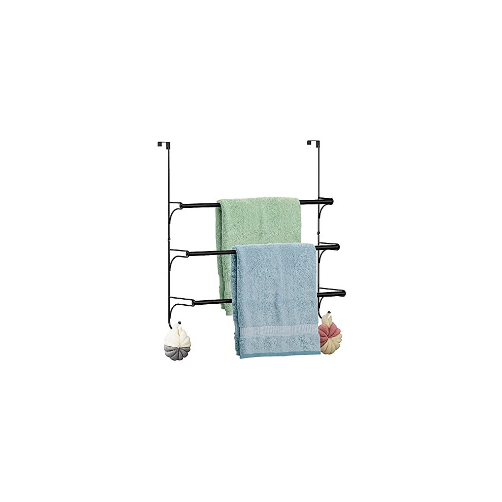 Berylx Over The Door Towel Rail - 3 Tier Bathroom Hanging Towel Rack With 2 Hooks - Expandable Towel Ladder For Towelsor Clothing - Black