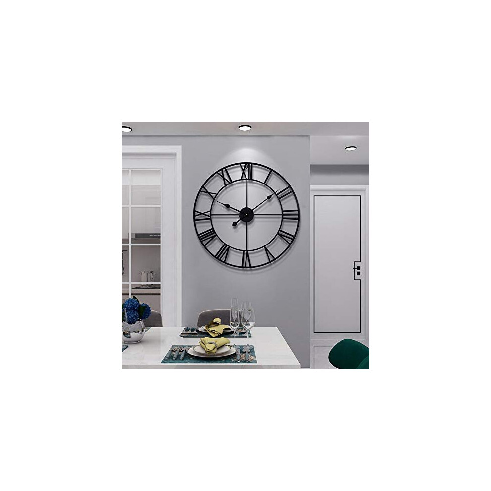 Vintage Large Wall Clock Round Metal Silent Non-ticking Battery Operated 40CM,50CM,60CM Black Roman Numerals Clocks for Living Room,Bedroom,Kitch