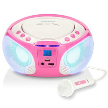 Lenco SCD-650 Portable Kids Stereo Boombox with FM Radio, CD, MP3, USB Playback, Disco Party Lights and Karaoke Wired Microphone - Pink