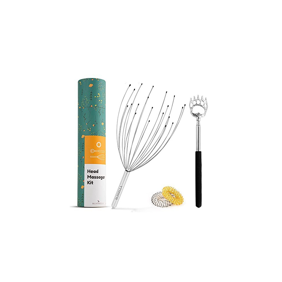 Blissella Head Massager Scalp With Extendable Back Scratcher & Finger Massage Rings-Head Massager For Hair Growth-Deep Relaxation Tool With 20 Fi