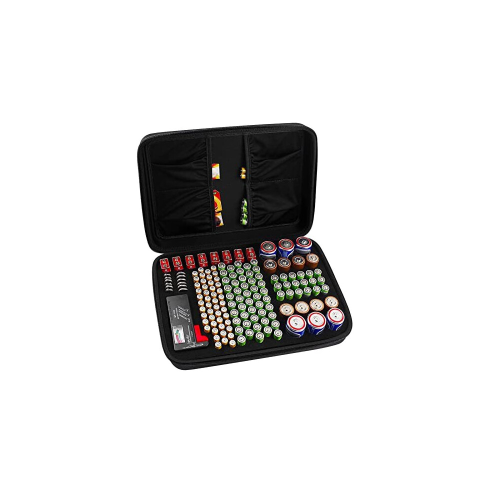 COMECASE Hard Battery Organizer Storage Box, Carrying Case Bag Holder - Holds 148 Batteries AA AAA C D 9V - with Battery Tester BT-168 (Batteries