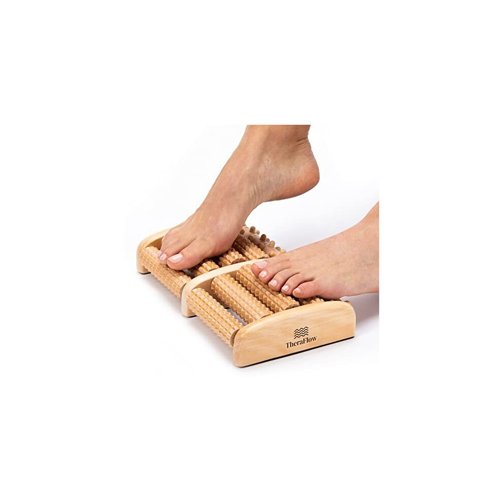 TheraFlow Dual Foot Massage Roller for Deep Tissue Foot Massages - with Kneading Nubs and Reflexology Chart - Plantar Fasciitis Relief - Wood, La