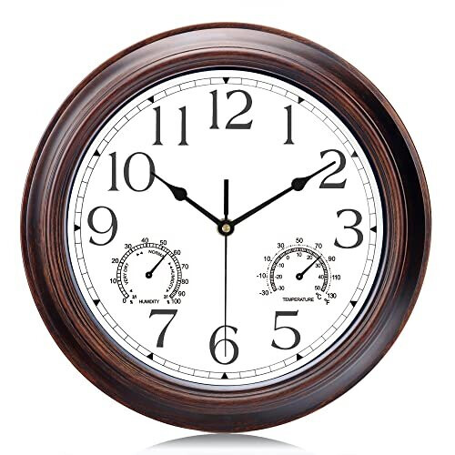Lafocuse Silent Vintage Bronze Wall Clock with Thermometer and Hygrometer 12 Inch Non Ticking Retro Quartz Clocks for Garage Kitchen Living Room