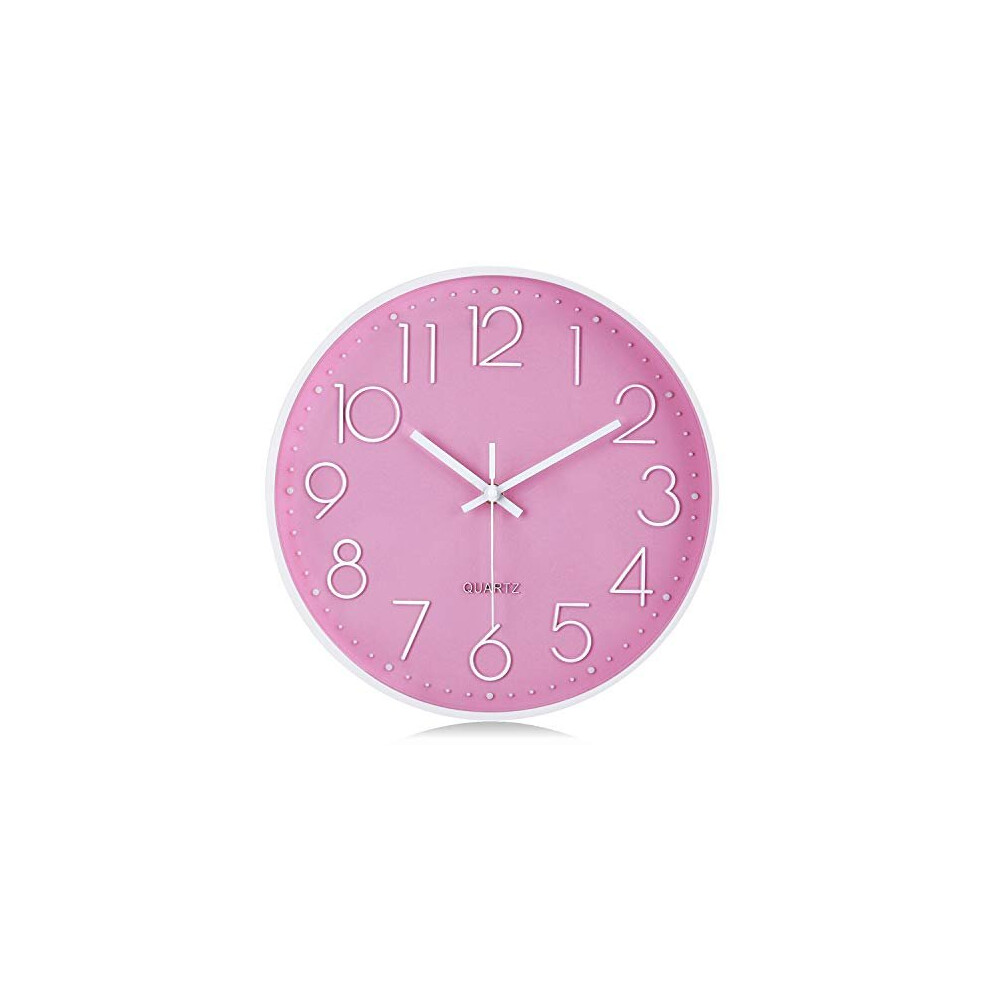 Lafocuse Modern Pink Wall Clock 12 Inch Silent for Kids Non Ticking Quartz Clocks with 3D Numerals for Living Room Décor Bedroom