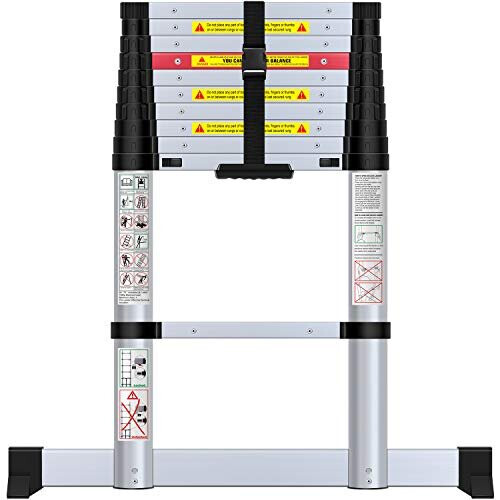 WolfWise 3.2M Telescopic Ladder with Stabiliser Bar Aluminum Telescopic Extension Tall Multi Purpose Loft Ladder 330 pound 150 kg Capacity Blac