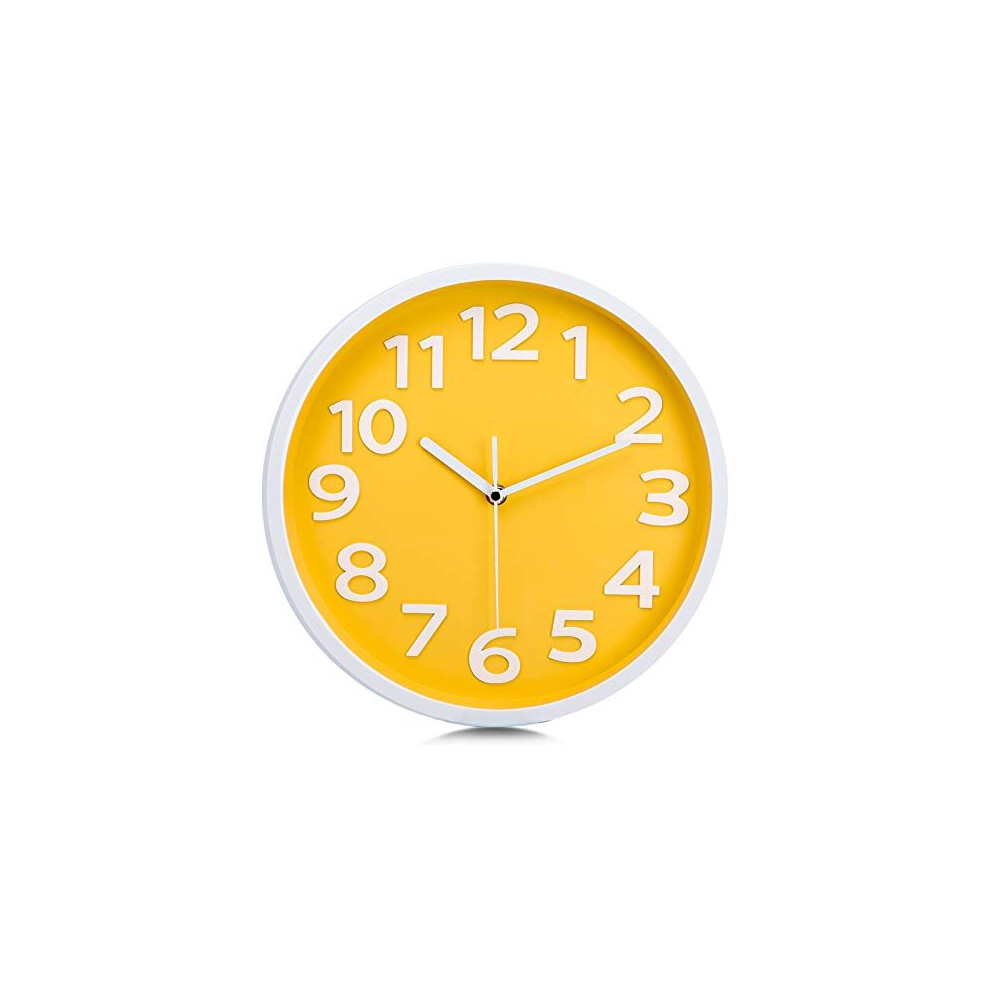 Lafocuse Modern Simple Yellow Wall Clock 12 Inch Silent Non Ticking Battery Operated Quartz Clocks 3D Numerals for Living Room Kitchen Kids Room