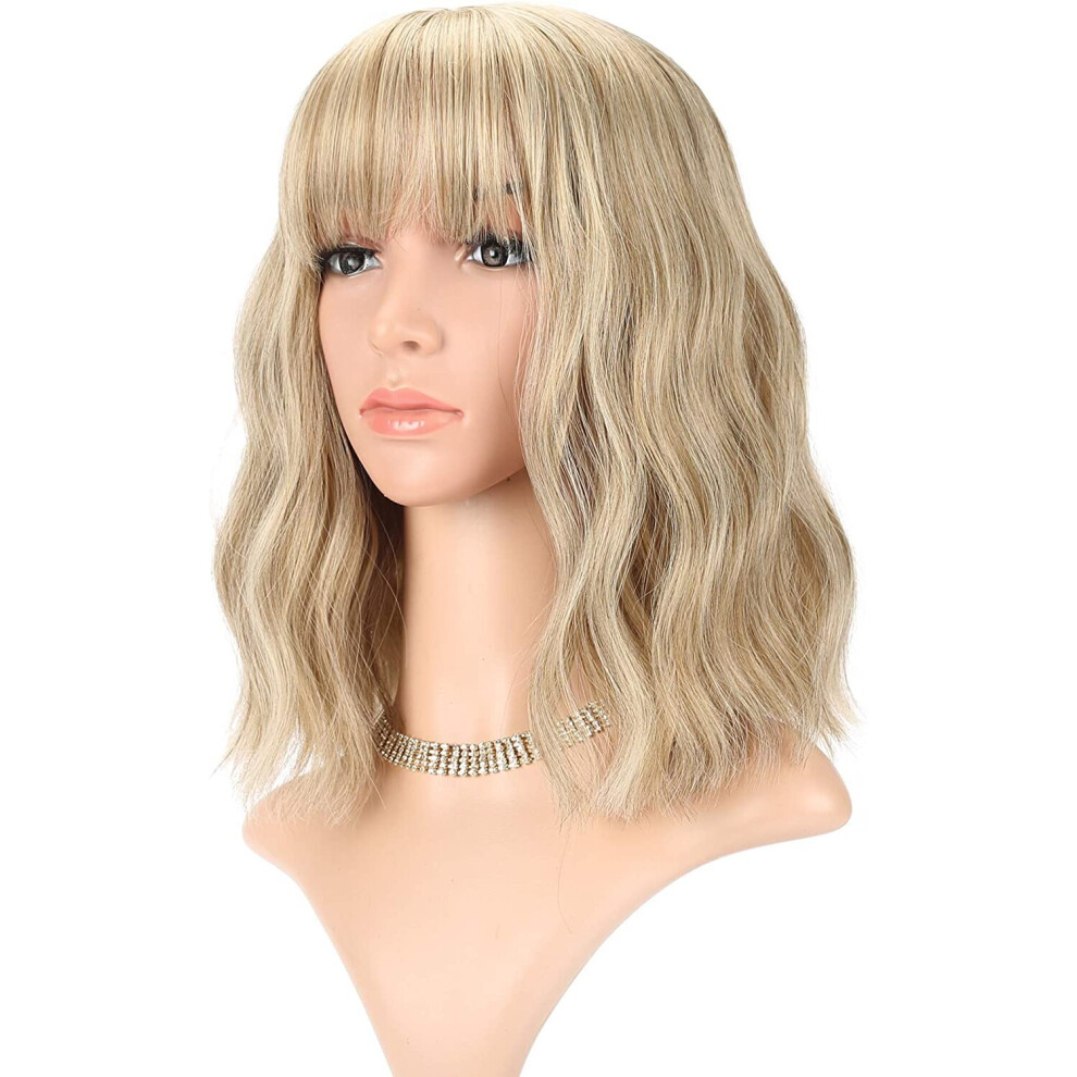 Faelbaty Unisex Blonde Wig Short Bob Wigs Loose Wave With Air Bangs Shoulder Length Women's Short Wig Curly Wavy Synthetic Cosplay Wig...