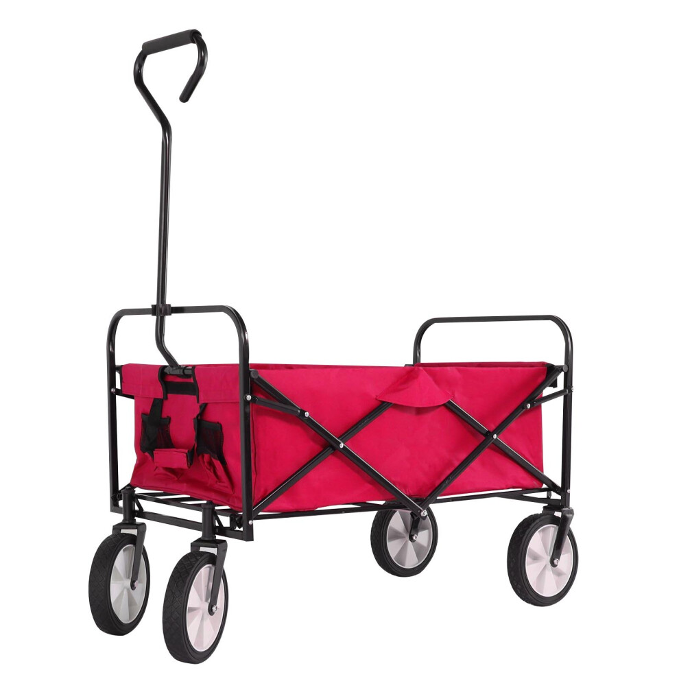 (Red) Foldable Pull Along Wagon Garden Trailer Hand Cart Utility Trolley