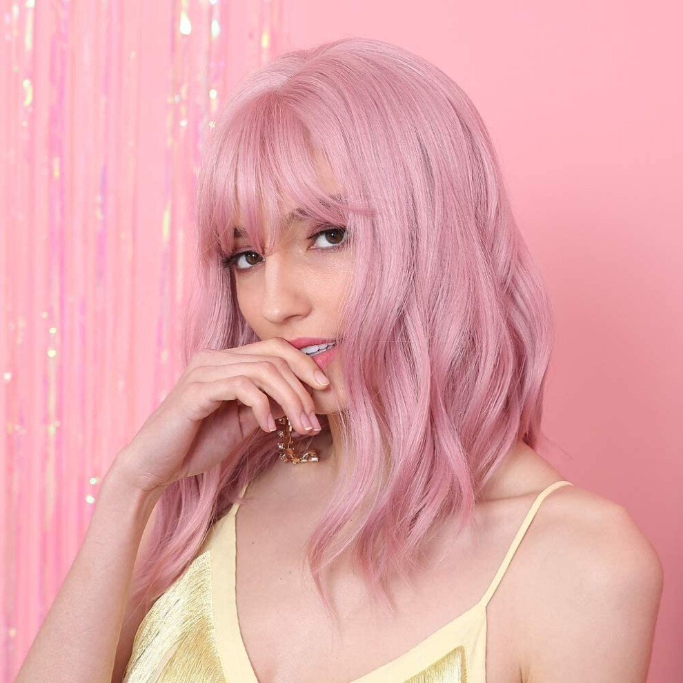 Haircube Unisex Pink Lovely Bob Wigs 14 Inch Wigs For Women Girls Short Curly Synthetic Wig With Bangs