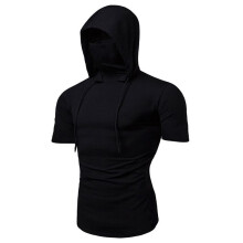 (Short Sleeve - Black, L) Men Hooded Hoodies T-Shirt Tank Tops Pullover Vest Sports Slim Fit With Mask Top
