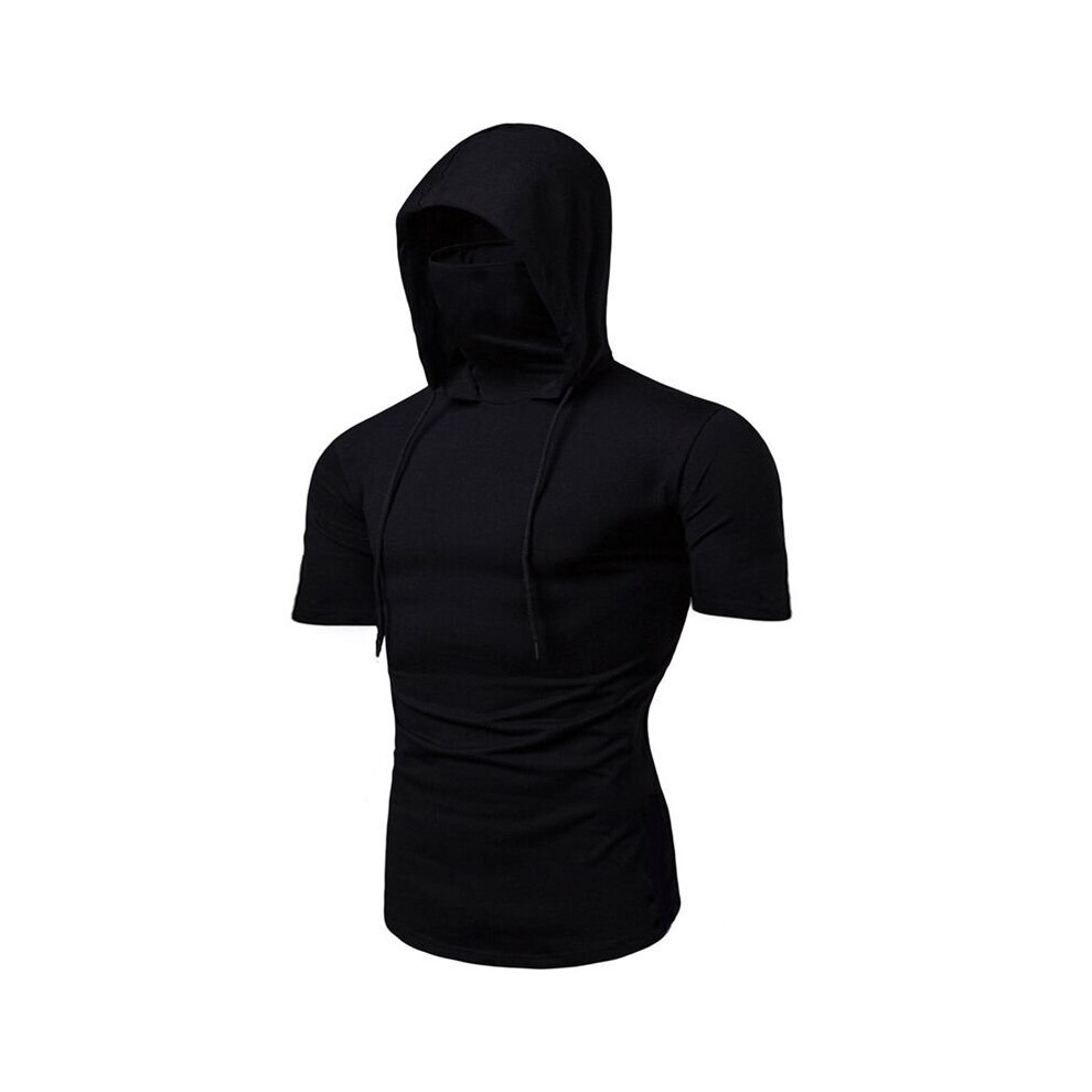 (Short Sleeve - Black, L) Men Hooded Hoodies T-Shirt Tank Tops Pullover Vest Sports Slim Fit With Mask Top