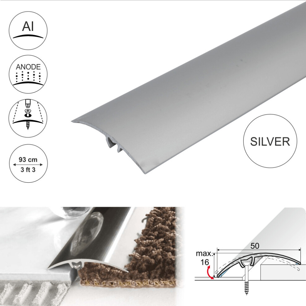 (Silver, 2.7m) A65 50mm Anodised Aluminium Door Threshold Strip