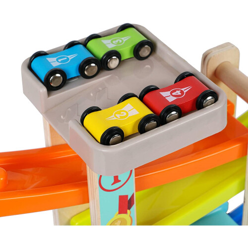 TOWO Wooden Car Ramp Toy Zig Zag Car Slide with 4 Wooden Cars & Roof Top Car Park Playsets