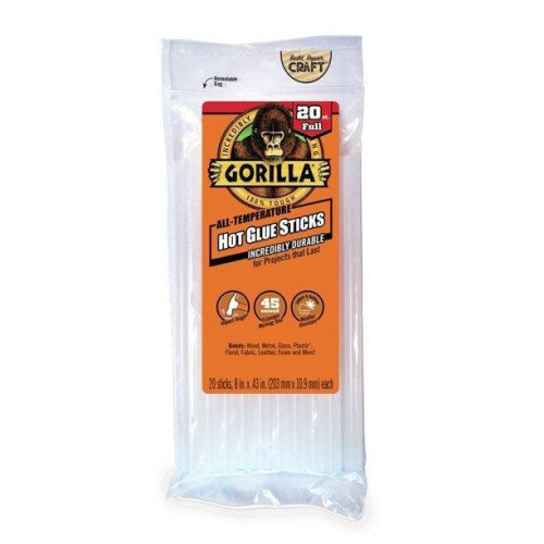 Gorilla Gorilla Glue Clear 8" Dual Temp Full-Size Hot Glue Sticks, 20 Count