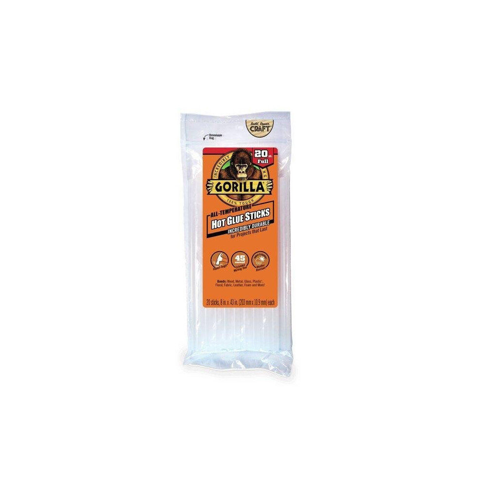 Gorilla Glue Clear 8" Dual Temp Full-Size Hot Glue Sticks, 20 Count