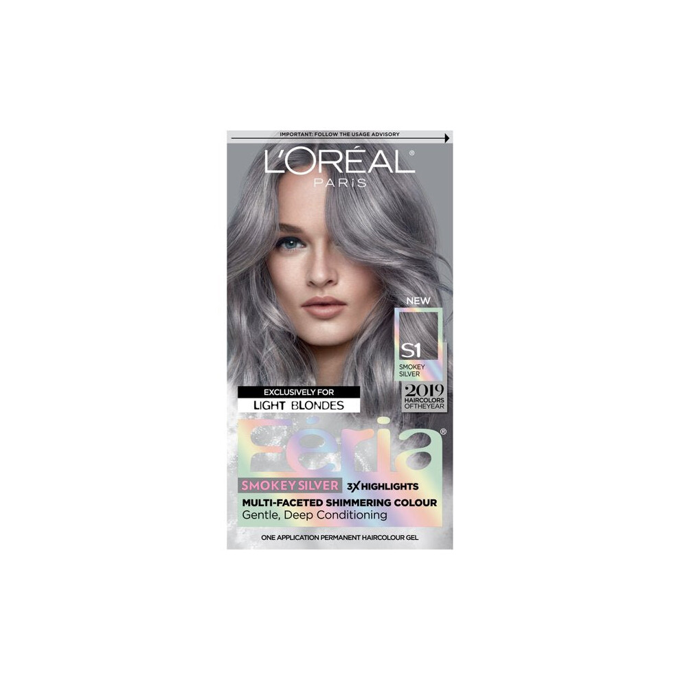 L'Oreal Paris Feria Multi-Faceted Shimmering Permanent Hair Color, S1 Smokey Silver, 1 Kit