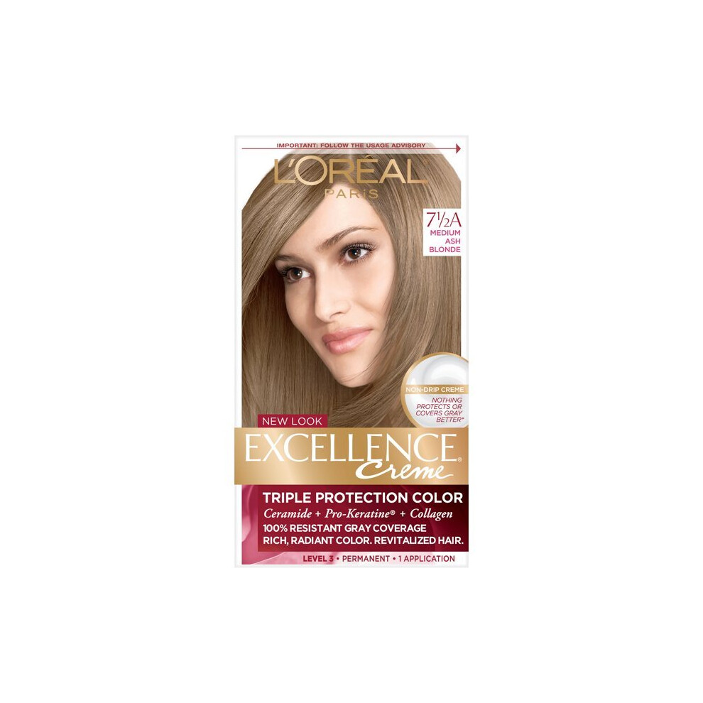 L'Oreal Paris Excellence Creme Permanent Triple Protection Hair Color, 7.5A Medium Ash Blonde, 1 Kit