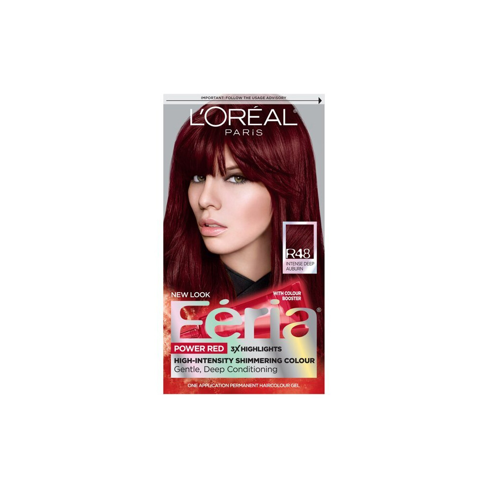 L'Oreal Paris Feria Multi-Faceted Shimmering Permanent Hair Color, R48 Red Velvet (Intense Deep Auburn), 1 Kit