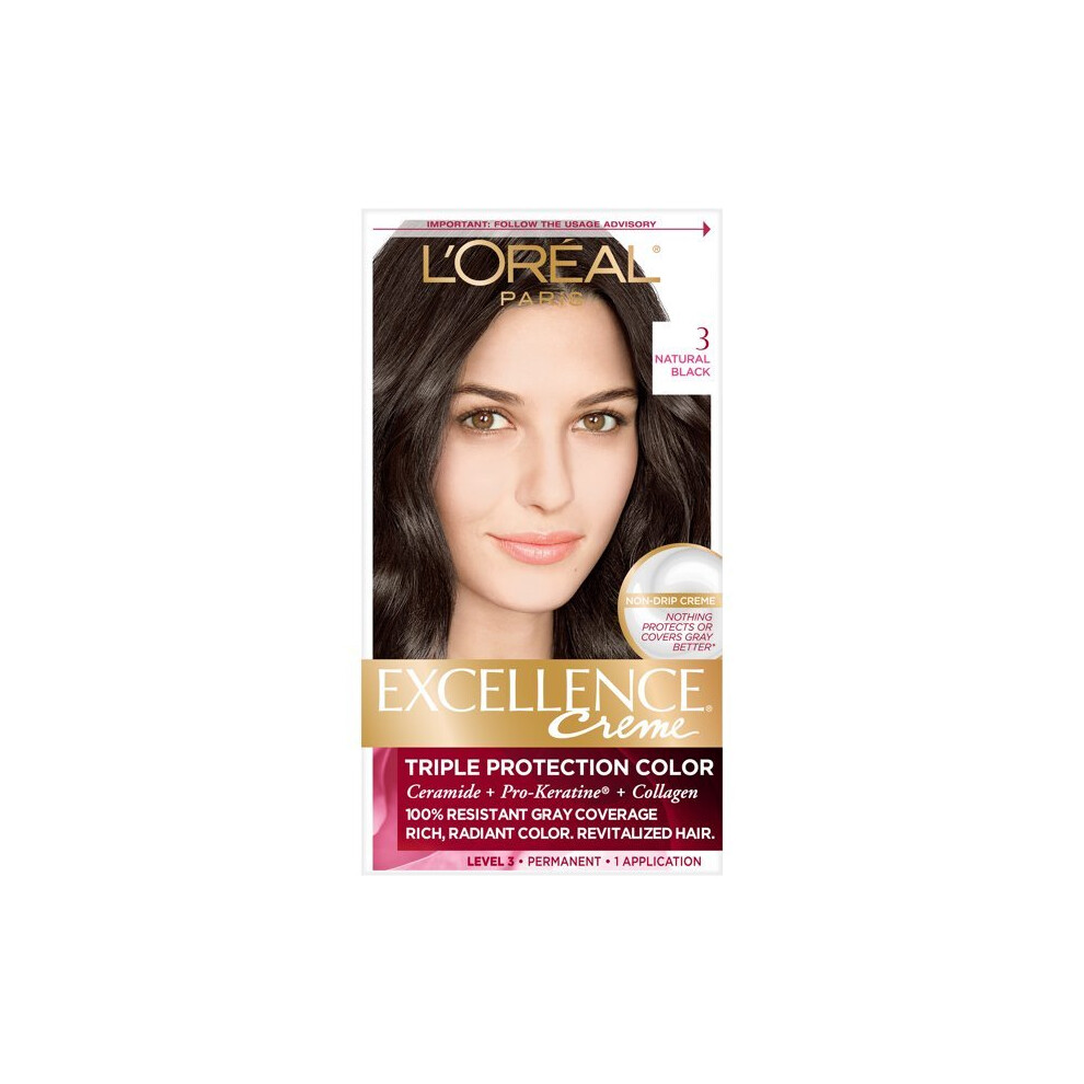 L'Oreal Paris Excellence Creme Permanent Triple Protection Hair Color, 3 Natural Black, 1 Kit