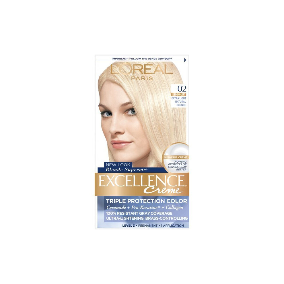 L'Oreal Paris Excellence Creme Permanent Triple Protection Hair Color, 02 Extra Light Natural Blonde, 1 Kit