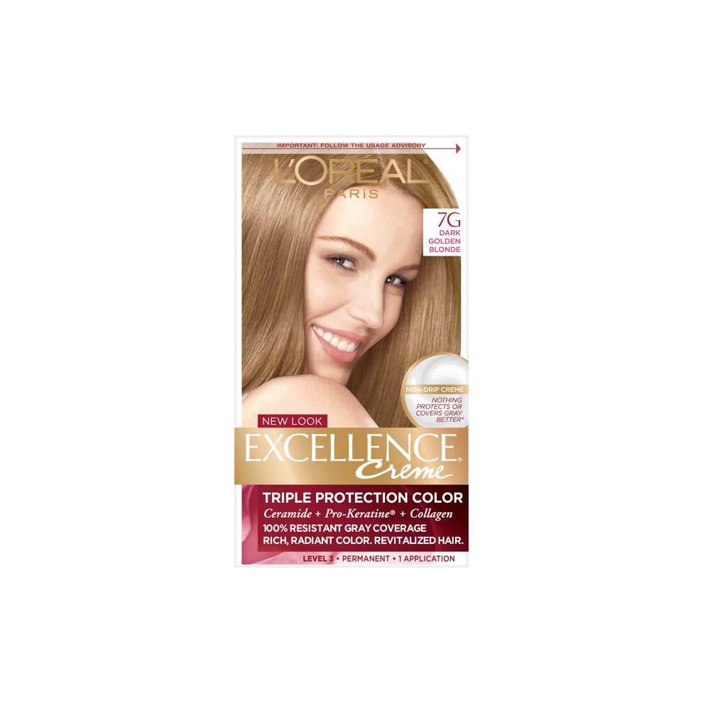 L'Oreal Paris Excellence Creme Permanent Triple Protection Hair Color, 7G Dark Golden Blonde, 1 Kit