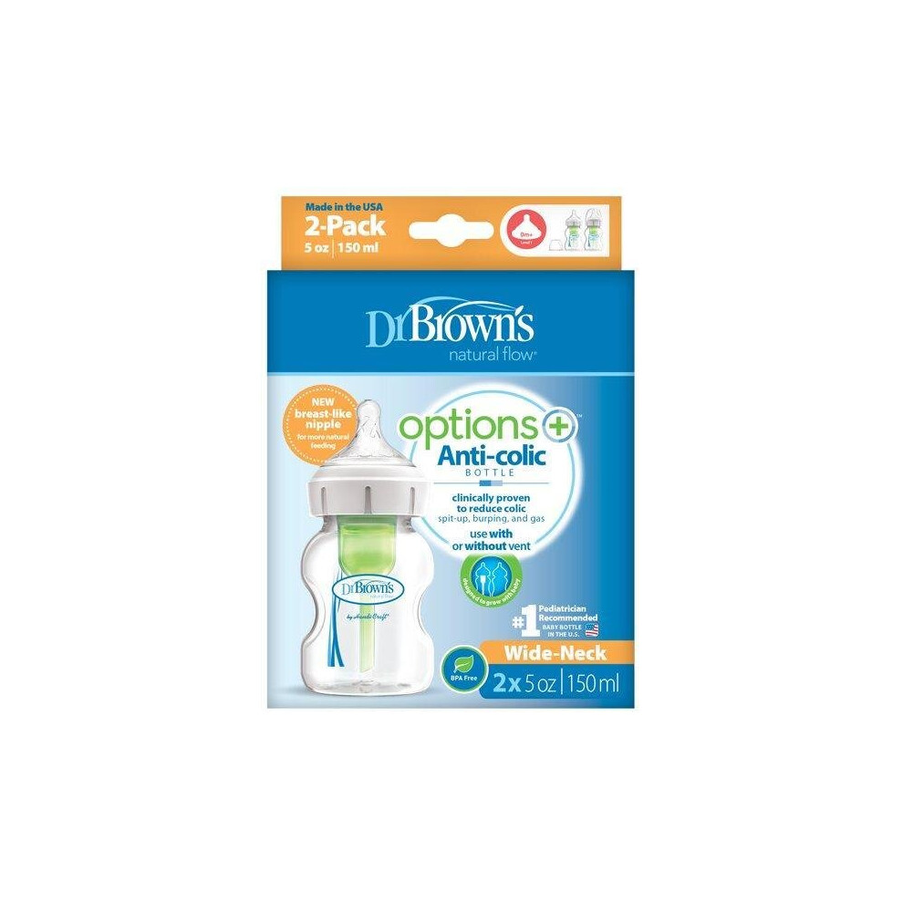 Dr. Brown's Options+ Wide-Neck Baby Bottle, 5 Ounce, 2-Pack