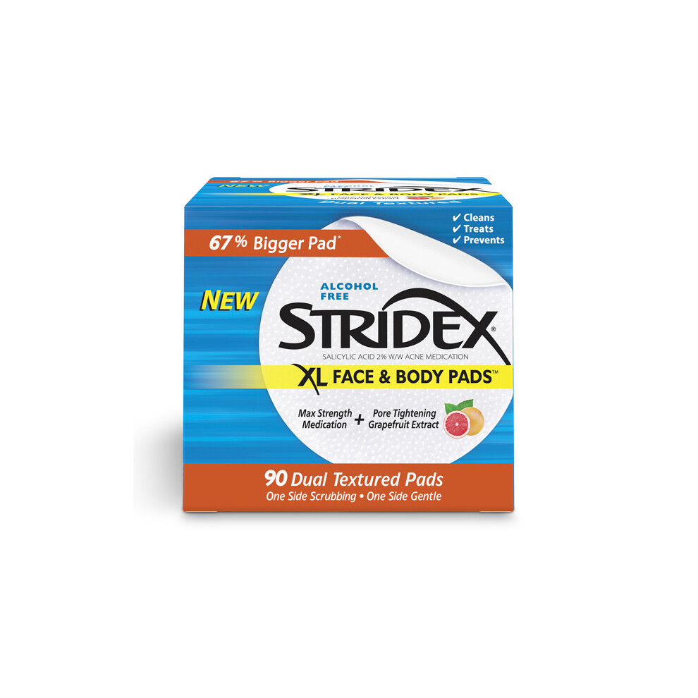 Stridex XL Acne Pads For Face And Body With Salicylic Acid, Alcohol Free, 90 Count