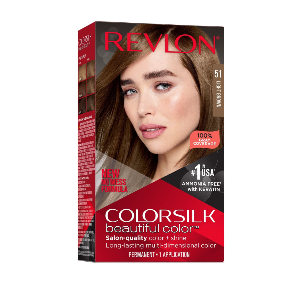 Photos - Hair Dye Revlon New ColorSilk Beautiful Permanent Hair Color, No Mess Formula, 51 Light Brown, 1 Pack 