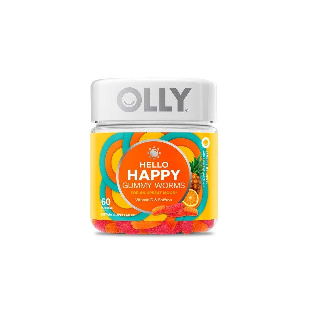 OLLY Hello Happy Gummy Worms, Vitamin D, Saffron, Adult Supplement, Tropical, 60 Ct