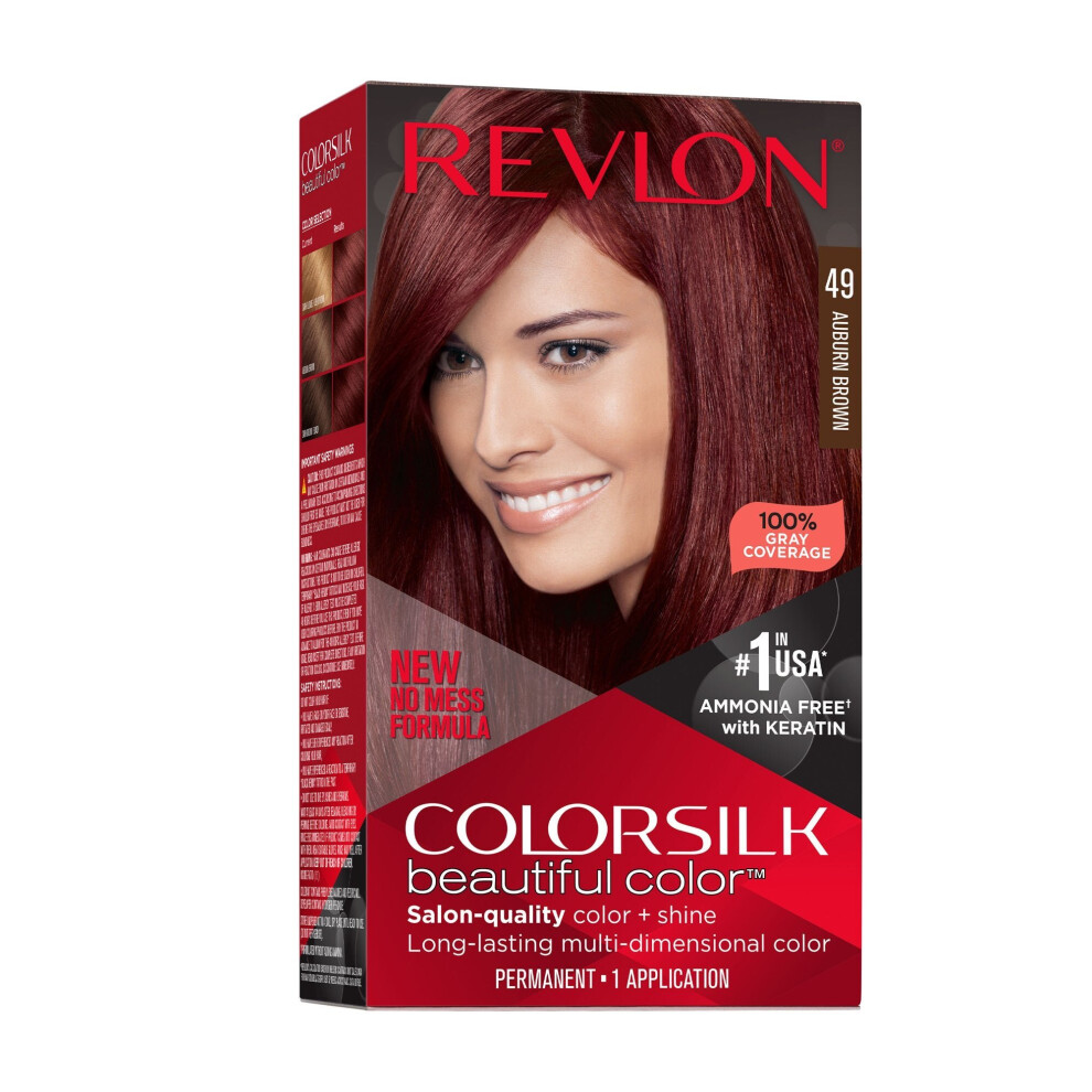 Revlon New ColorSilk Beautiful Permanent Hair Color, No Mess Formula, 49 Auburn Brown, 1 Pack