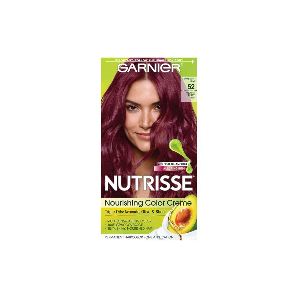 Garnier Nutrisse Nourishing Hair Color Creme with Triple Oils, Strawberry Jam 52, Medium Berry Red, 1 kit