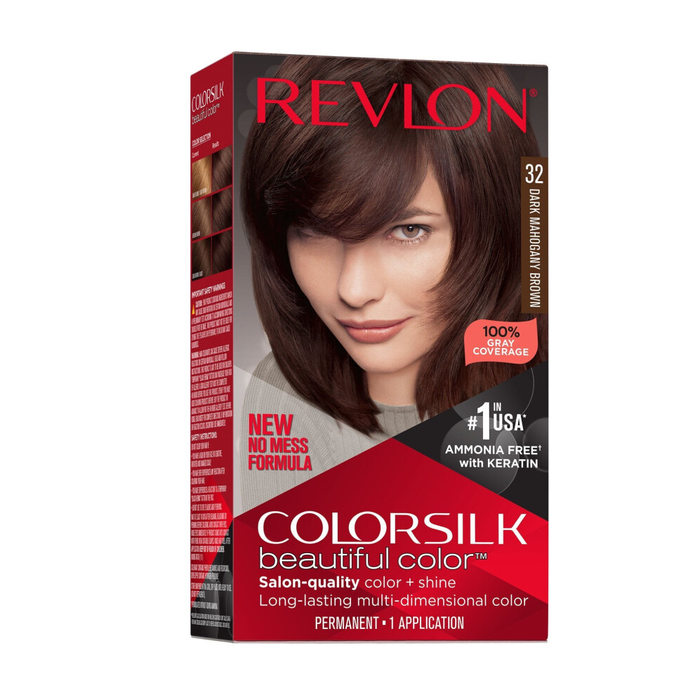 Revlon New ColorSilk Beautiful Permanent Hair Color, No Mess Formula, 32 Dark Mahogany Brown, 1 Pack