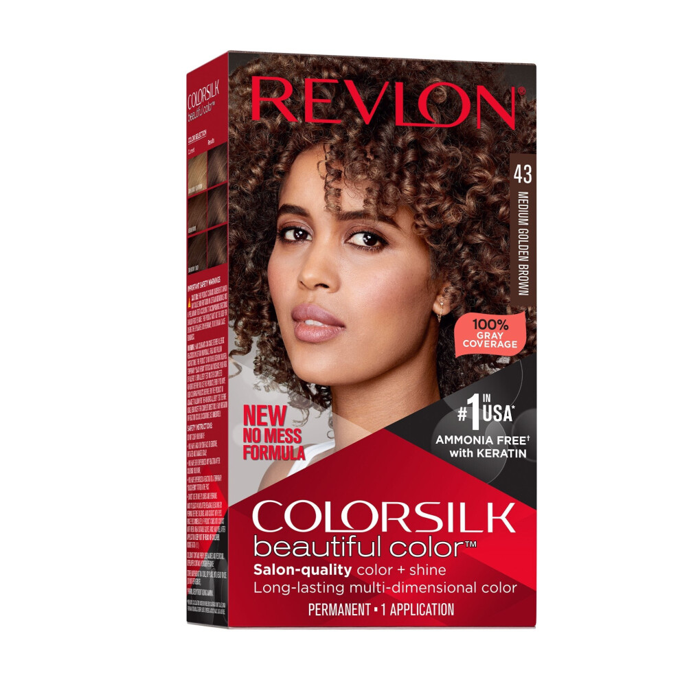 Revlon New ColorSilk Beautiful Permanent Hair Color, No Mess Formula, 43 Medium Golden Brown, 1 Pack