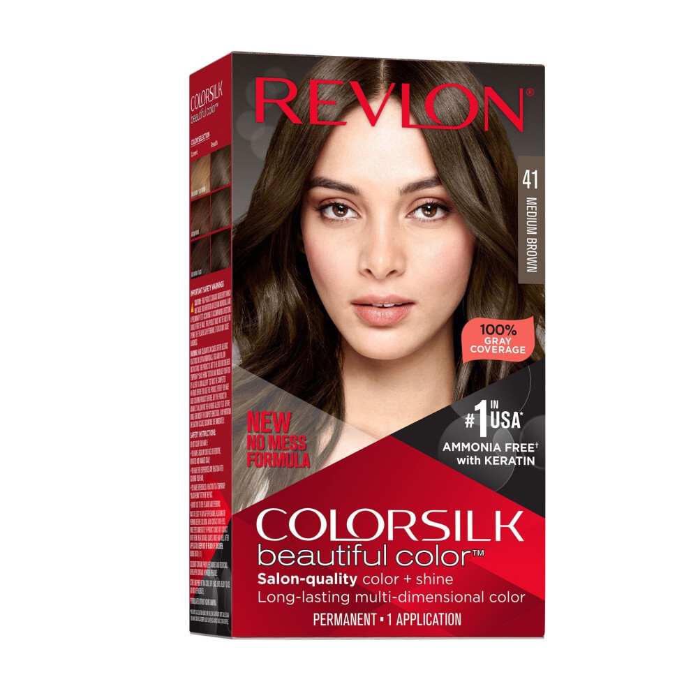 Photos - Hair Dye Revlon New ColorSilk Beautiful Permanent Hair Color, No Mess Formula, 41 Medium Brown, 1 Pack 