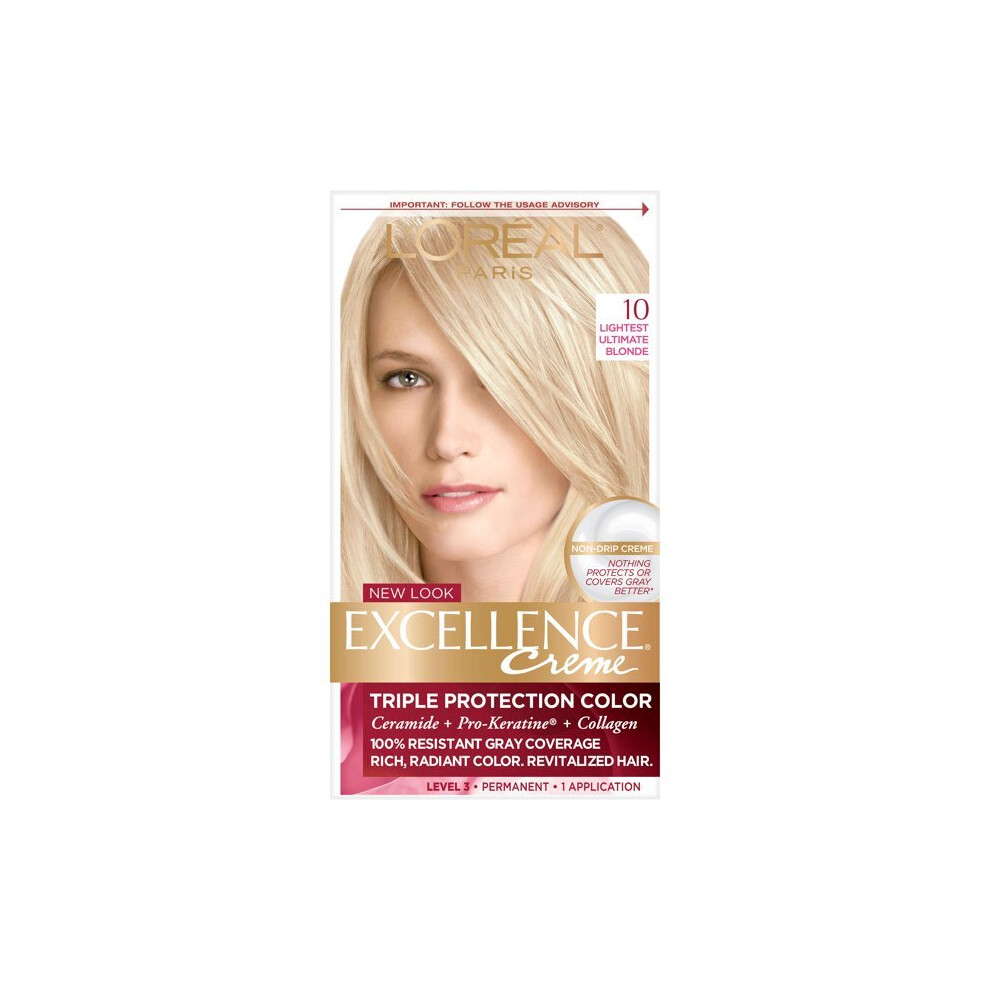 L'Oreal Paris Excellence Creme Permanent Triple Protection Hair Color, 10 Lightest Ultimate Blonde, 1 Kit