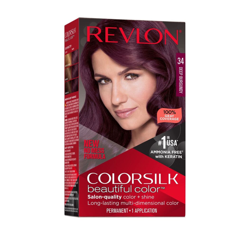 Revlon New ColorSilk Beautiful Permanent Hair Color, No Mess Formula, 34 Deep Burgundy, 1 Pack