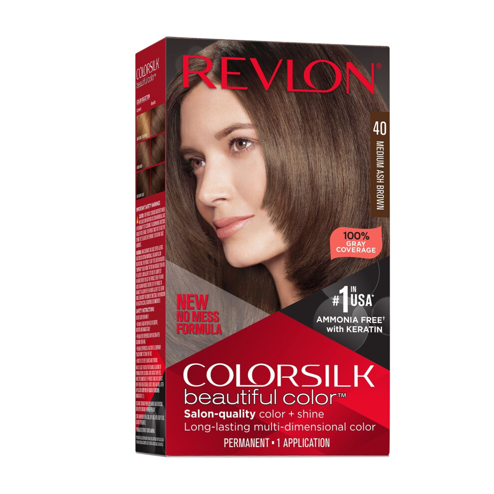 Revlon New ColorSilk Beautiful Permanent Hair Color, No Mess Formula, 40 Medium Ash Brown, 1 Pack