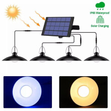 (2 Heads, Warm White) Solar LED Pendant Light Panel IP65 Garden Yard Shed Hanging Lamp