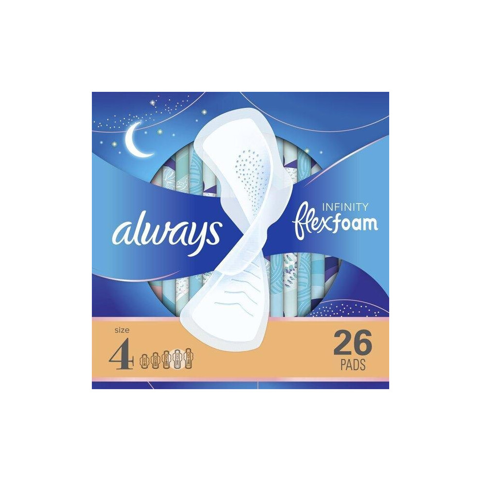 Always Infinity Overnight Pads with Wings, Unscented, Size 4, 26 ct