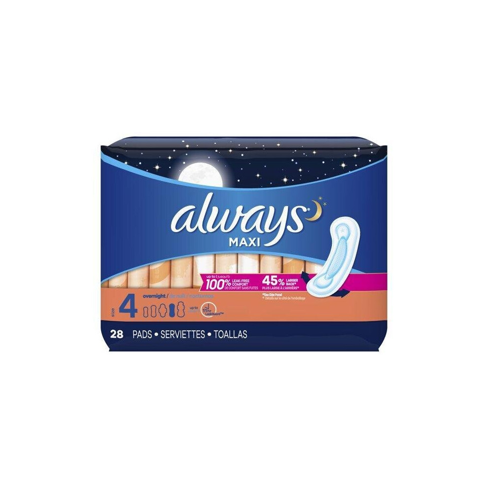 Always Maxi Overnight Pads Wingless, Unscented, Size 4, 28 Ct