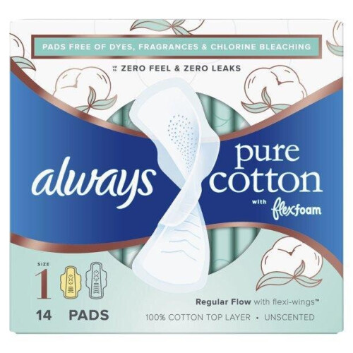 Always Always Pure Cotton with FlexFoam Pads Regular Absorb, Size 1, 14 ct