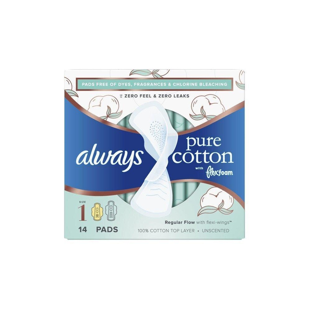 Always Pure Cotton with FlexFoam Pads Regular Absorb, Size 1, 14 ct