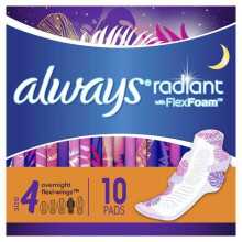 Always Radiant Overnight Pads, Winged, Scented, Size 4, 10 ct