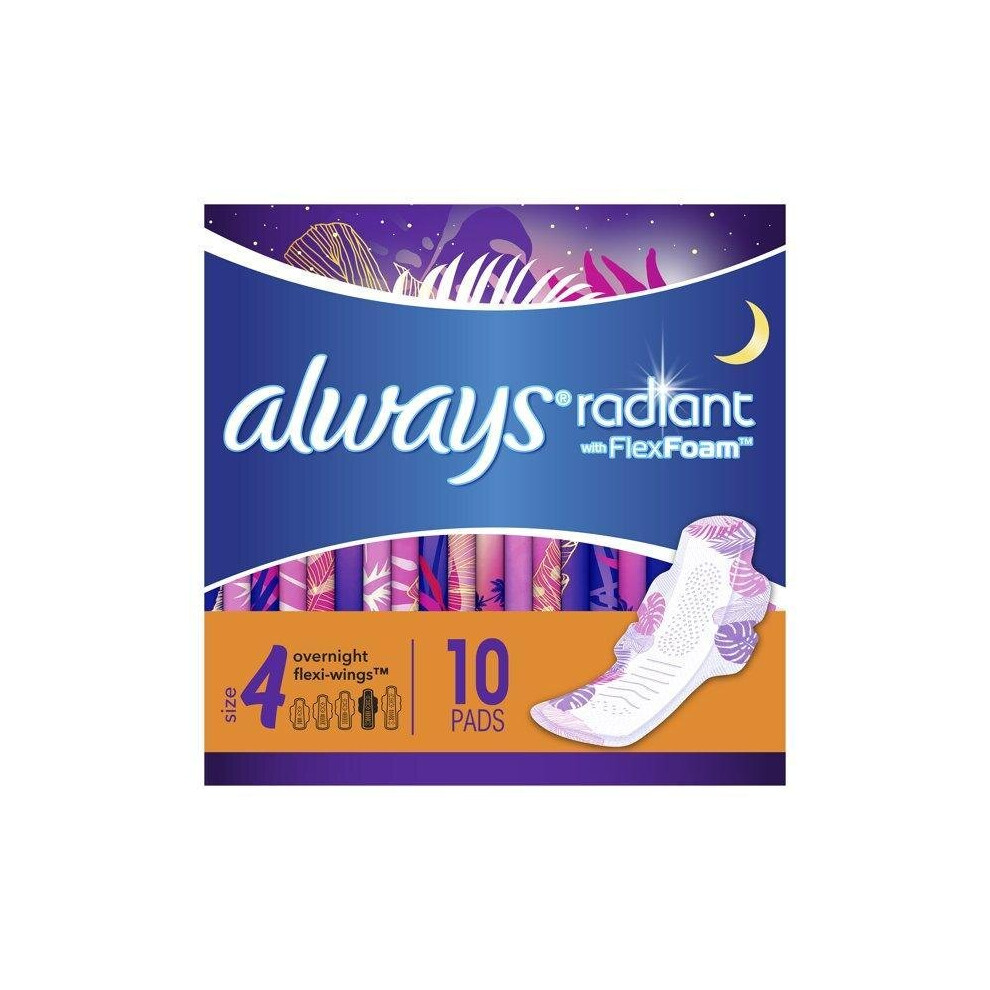 Always Radiant Overnight Pads, Winged, Scented, Size 4, 10 ct