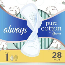 Always Pure Cotton with FlexFoam Pads Regular Absorbency Size 1, 28 Count