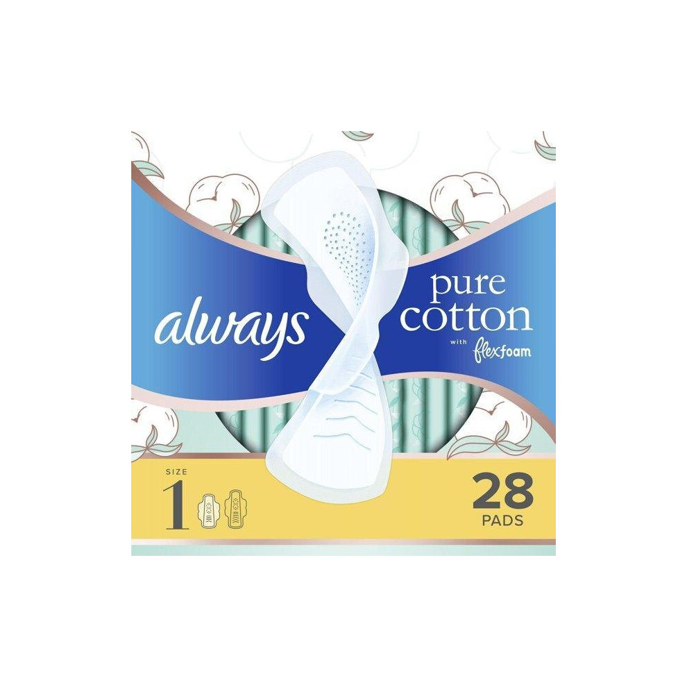 Always Pure Cotton with FlexFoam Pads Regular Absorbency Size 1, 28 Count