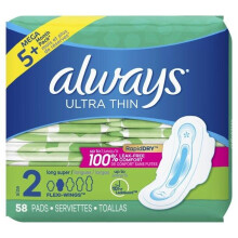 Always Ultra Thin Super Pads with Wings, Unscented, Size 2, 58 Ct