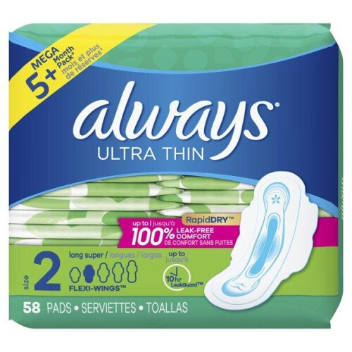 Always Always Ultra Thin Super Pads with Wings, Unscented, Size 2, 58 Ct