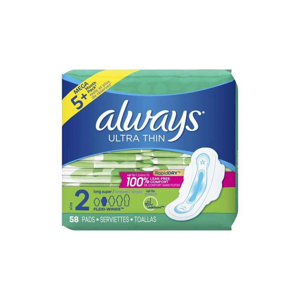 Always Ultra Thin Super Pads with Wings, Unscented, Size 2, 58 Ct