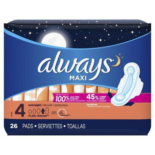 Always Always Maxi Overnight Pads with Wings, Unscented, Size 4, 26 ct